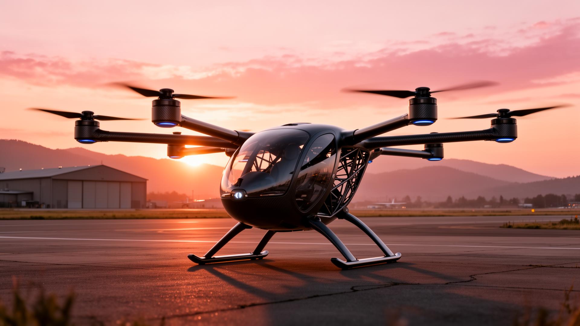 Photorealistic render of a personal eVTOL aircraft on an airfield at dusk